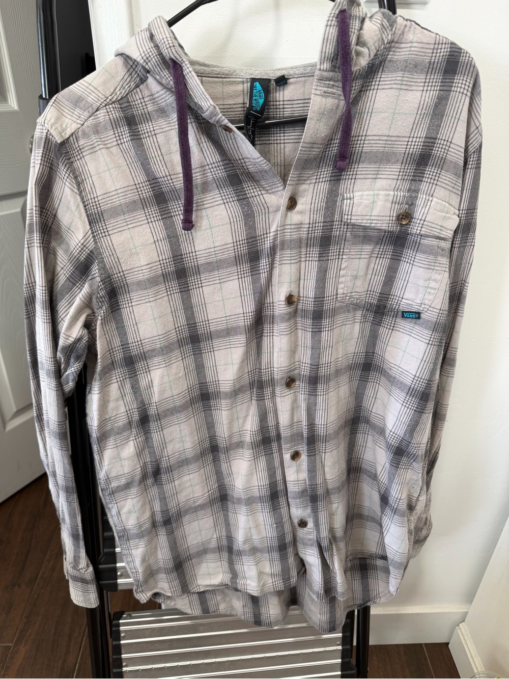 Vans Men's Hooded Plaid Button-Down Shirt - Gray, White with Purple Drawcords